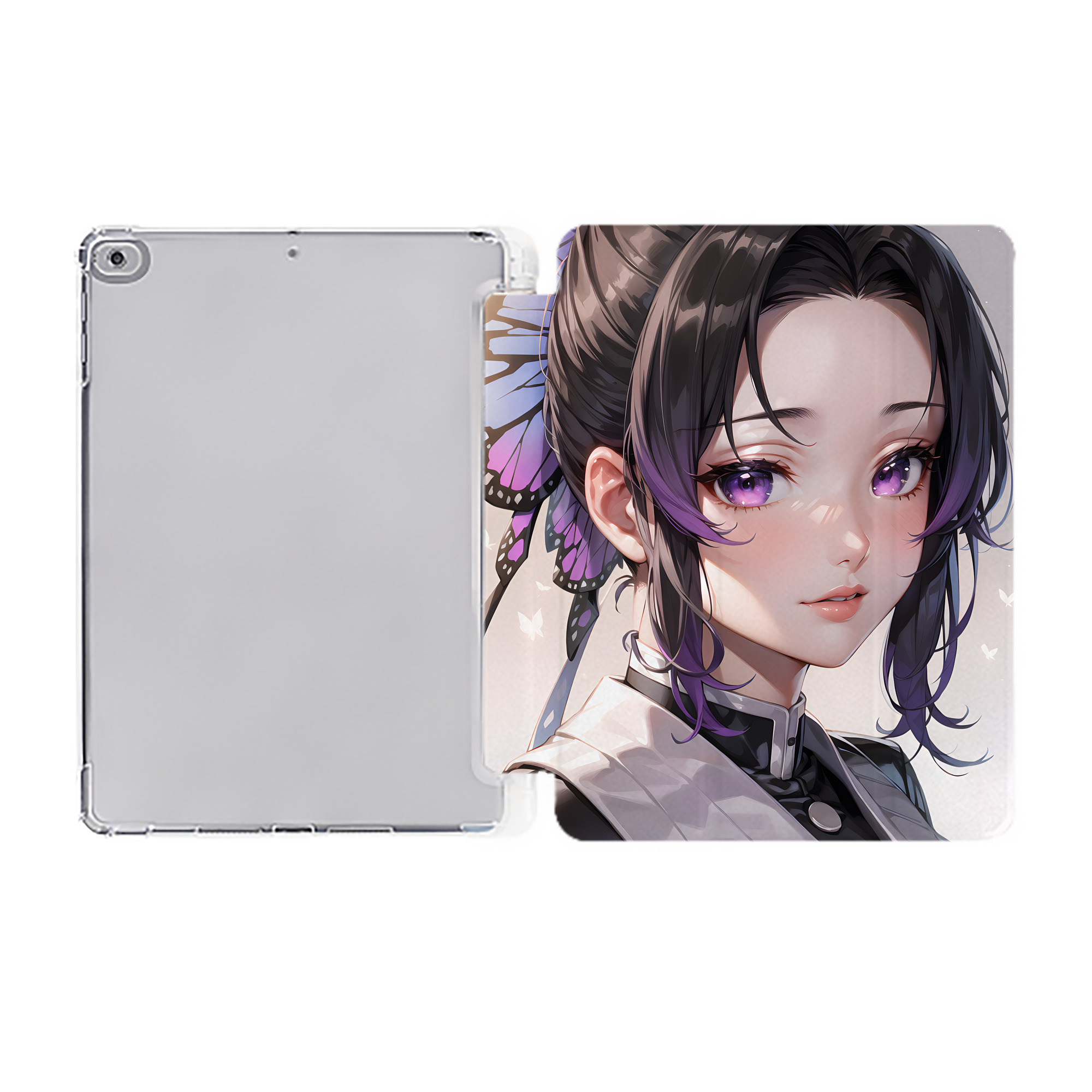 （画像用） 鬼滅の刃（きめつのやいば）蟲柱-胡蝶 しのぶ／こちょう しのぶ Kochou Shinobu IPad ケース ペン収納付き 三つ折りスタンド PUレザー×シリコン 対応機種9.5/10.5/10.9インチ